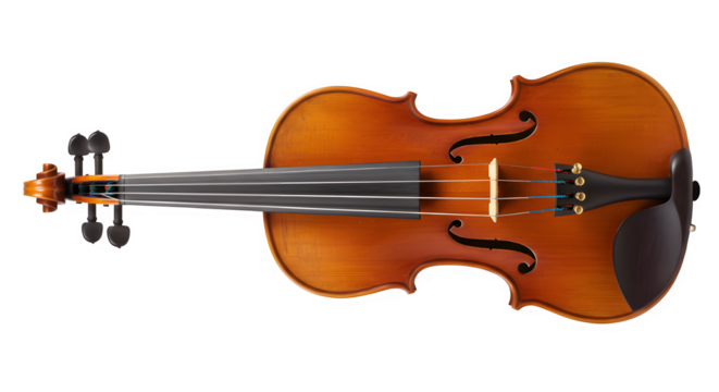 Wooden violin with strings and chin rest isolated on white or transparent background. PNG, musical instrument