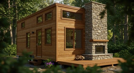 Cozy Tiny House with Stone Fireplace in Forest