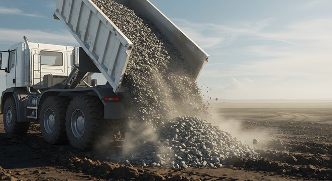 Heavy Dump Truck Emptying a Load of Rocks on a Vast, Open Terrain
