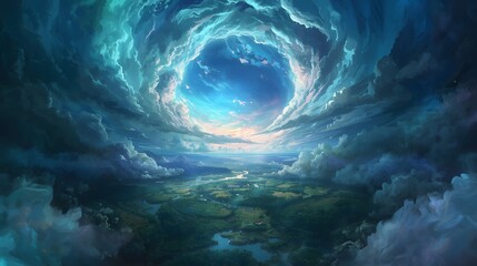 Majestic fantasy landscape with glowing cosmic portal opening in the sky above rivers and fields, surreal atmospheric scene symbolizing wonder, imagination, and otherworldly dreamlike vision