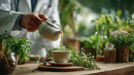 Close medium shot of a herbal doctor pouring fresh herbal tea into a cup symbolizing natural healing in a free clinic setting with softly outoffocus plants and equipment behind.