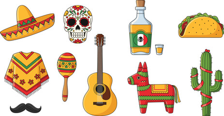 Mexican culture, traditional symbols, fiesta elements, colorful illustration, sombrero, taco, tequila, sugar skull, piñata, maraca, poncho, cactus, guitar, celebration 