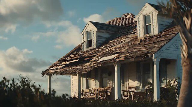 Weathered Abandoned House with Damaged Roof and Porch Under Cloudy Sky