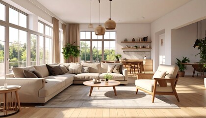 Sunny modern living room with light beige furniture