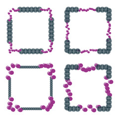 Square frame border. Dark gray circles. Violet polygon accents. Decorative abstract design