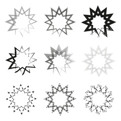 Star circular symbol. Pointed arrow shapes. Repeated line details. Abstract symmetric ornament