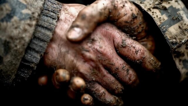Close-up of two heavily mud-caked hands clasped in a handshake