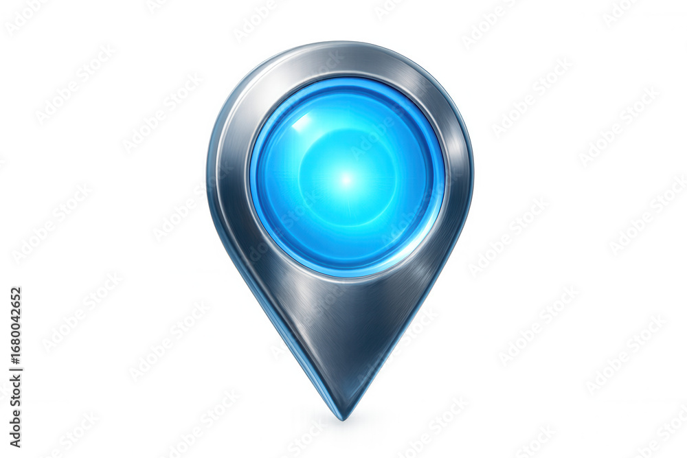 Poster metallic location marker glowing blue, floating against transparent backdrop, highlighting precise g