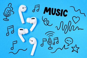 White wireless earbuds on a vibrant blue background surrounded by creative music-themed doodles, including notes and microphones, symbolizing music enjoyment.