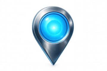 Metallic location marker glowing blue, floating against transparent backdrop, highlighting precise geographical point with modern design aesthetic