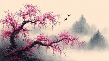 Fototapeta premium Traditional Chinese painting style artwork featuring delicate cherry blossoms, elegant plum blossoms,graceful willow tree branches, expressing harmony nature, spring beauty,timeless oriental culture