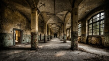 Fototapeta premium Abandoned Hospital Corridor With Light And Shadow