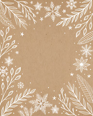 Kraft paper texture background with white ink doodles: snowflakes, branches, tiny stars along margins, rustic cozy style, wide blank center, natural grain preserved, warm festive look, no text.”