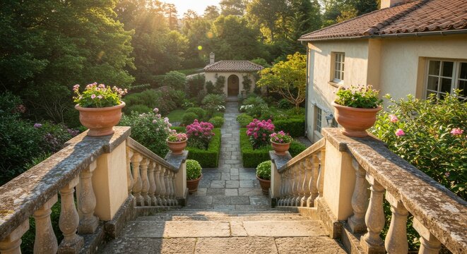 Elegant Italian Garden with Stone Staircase and Blooming Flowers