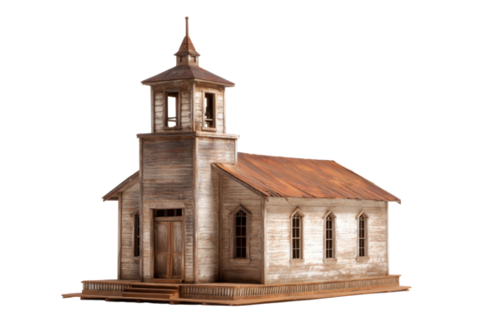 Rustic Abandoned Wooden Church Model on Transparent Background