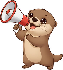 귀여운 수달 캐릭터가 메가폰으로 발표하는 모습