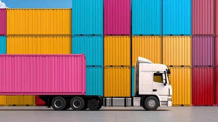 White Semi Truck Transports Pink Shipping Container Against Colorful Stack of Containers Under a Bright Sky