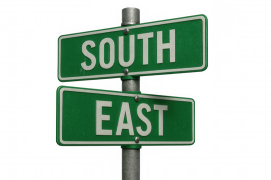 Green south east street signs indicating directions on a transparent background, ideal for travel and navigation concepts