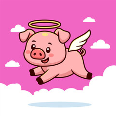 cartoon angel pig with wings flying above the clouds flat design, illustration design animal pig