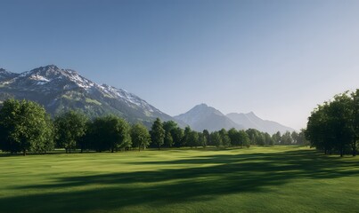 Fototapeta premium clean golf course in the alps with mountains in the background, a clear blue sky, trees, and lush green grass