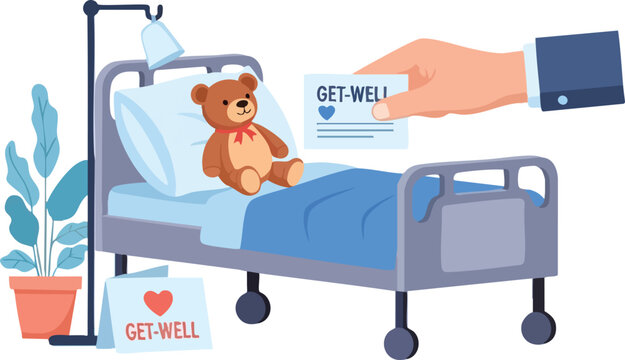 Get Well Soon Teddy Bear in Hospital Bed.