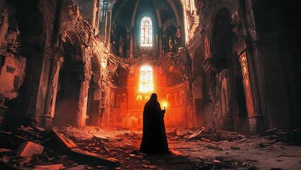 Silhouette of religious figure holding candle illuminating destroyed church interior with rubble and debris, stained glass window in the background