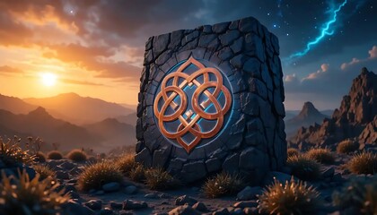 Stone Monument with Glowing Symbol in Mountain Landscape at Sunset