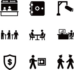 Vector icons representing banking, security, and financial services.