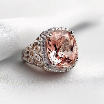 Create a High-def Cushion-cut morganite ring with silver filigree against a clean and crisp white background