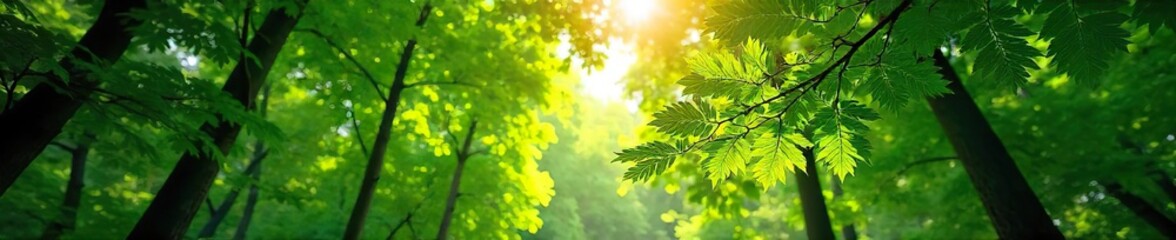 Obraz premium Lush green forest canopy, sunlight dappling through leaves, creating a vibrant and peaceful scene Perfect for nature, environment, and tranquility themes , earth, biodiversity