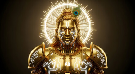 A golden, robotic depiction of a deity with a radiant halo and peacock feather.