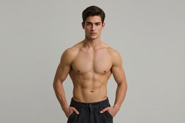 Muscular man posing studio, grey background, fitness advert