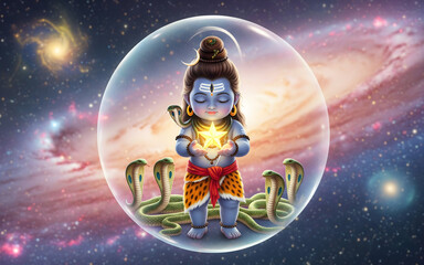 Baby Lord Shiva Floating in Cosmic Bubble – Hindu Universe Artwork