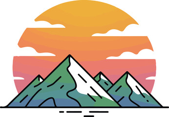 Hand-Drawn Sunset Mountain Scene Minimal Vector with Vibrant Sky