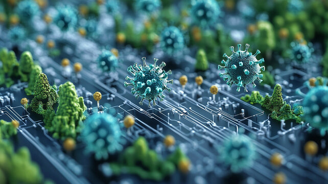 Microscopic Virus Particles on Circuit Board: Teal Green Yellow Digital Rendering