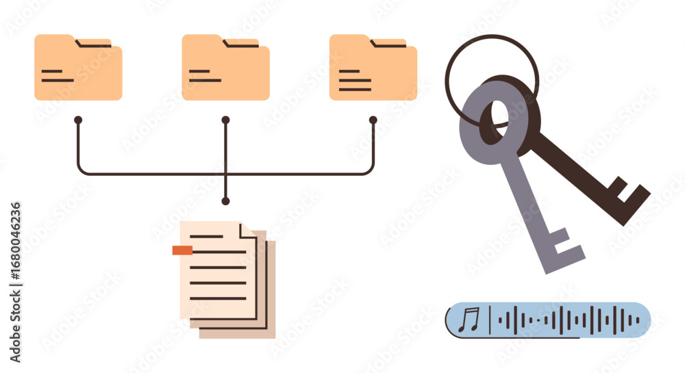 Aufkleber document folders linked by lines, two keys for security, stacked papers, and an audio bar highlight 