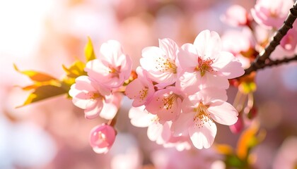 Obraz premium Soft-focus image of cherry blossoms in sunlight