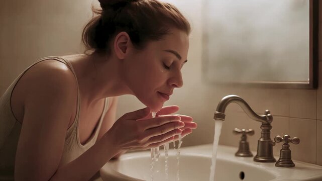 Face wash woman leans over bathroom sink splashing cool water, face wash clears sleepy eyes while sunrise steams mirror and gentle face wash leaves skin fresh. concept morning renewal