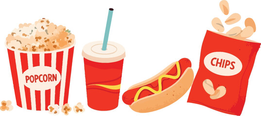 Enjoy delicious snacks with popcorn, hotdog, chips, and a soda for your next movie or game night