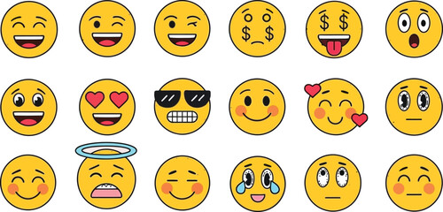 Express yourself with fun emojis showing love, happiness, sadness, and surprise for social media content