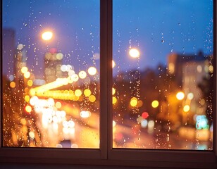 Rainy night city lights seen through window