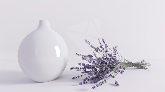 Lavender and Vase on a White Background – a simple and elegant composition. The white background highlights the delicate lavender and vase, creating a fresh and calming visual.