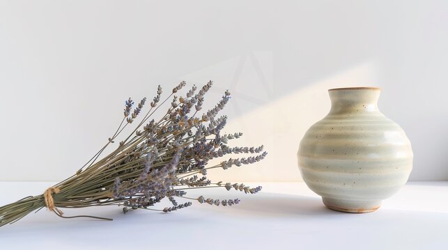 Lavender and Vase on a White Background – a simple and elegant composition. The white background highlights the delicate lavender and vase, creating a fresh and calming visual.