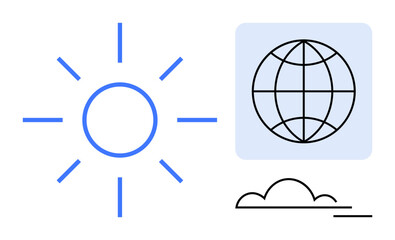 Minimalist sun radiating light, wireframe globe, and cloud suggesting sustainability, connection, and environment. Ideal for ecology, innovation, global outreach, energy technology climate action