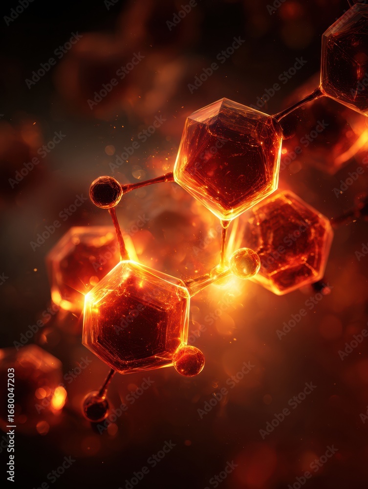 Poster artistic representation of glowing molecular structures in a vivid abstract style showcasing scienti