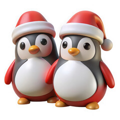 Fototapeta premium 3d adorable penguin couple wearing festive santa hats for christmas holidays transparent background