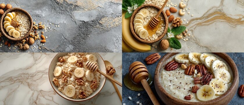 Four bowls of oatmeal topped with sliced bananas, nuts, and honey