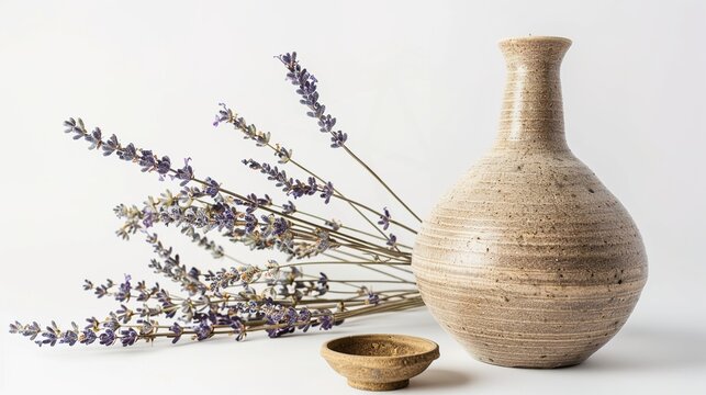 Lavender and Vase on a White Background – a simple and elegant composition. The white background highlights the delicate lavender and vase, creating a fresh and calming visual.