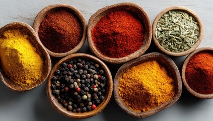 Assorted spices in small wooden bowls