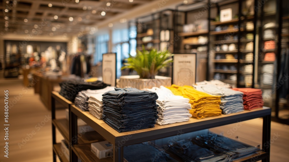Poster focused view of a central display island showcasing neatly arranged merchandise with surrounding sho